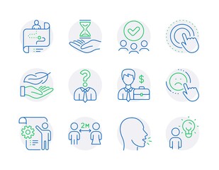 People icons set. Included icon as Social distancing, Settings blueprint, Approved group signs. Journey path, Businessman case, Hiring employees symbols. Cough, Lightweight, Click hand. Vector