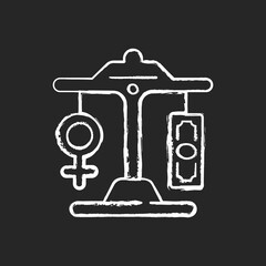 Equal pay chalk white icon on black background. Gender pay gap decrease. Difference between male and female earnings. Expansion of the rights of women. Isolated vector chalkboard illustration