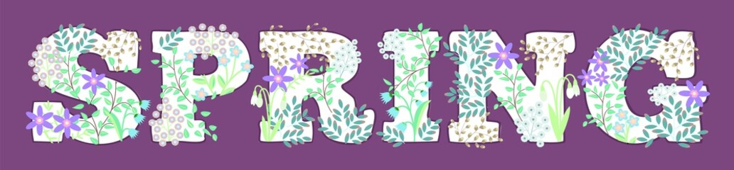 stencil lettering spring made of different flowers