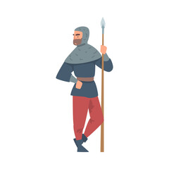 Royal Guardian or Knight in Mail-armour Standing with Sharp Spear Vector Illustration