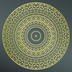 Mandala. Elegant plate in gold with an interesting geometric pattern. Home decor, porcelain design. Frame.
