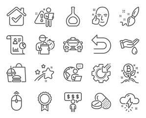 Business icons set. Included icon as Report, Cognac bottle, Bitcoin project signs. Healthy face, Wash hands, Paint brush symbols. Reward, Taxi, Swipe up. Employee benefits, Medical drugs. Vector