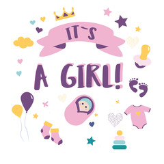Greeting card its a girl. Children's posters. Baby shower illustrations set. Hand drawn newborn boy items and elements. Invitations, cards, nursery decor. Newborn metric for children bedroom.
