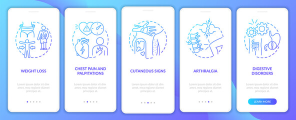 Post-covid health effects onboarding mobile app page screen with concepts. Cutaneous signs walkthrough 5 steps graphic instructions. UI vector template with RGB color illustrations