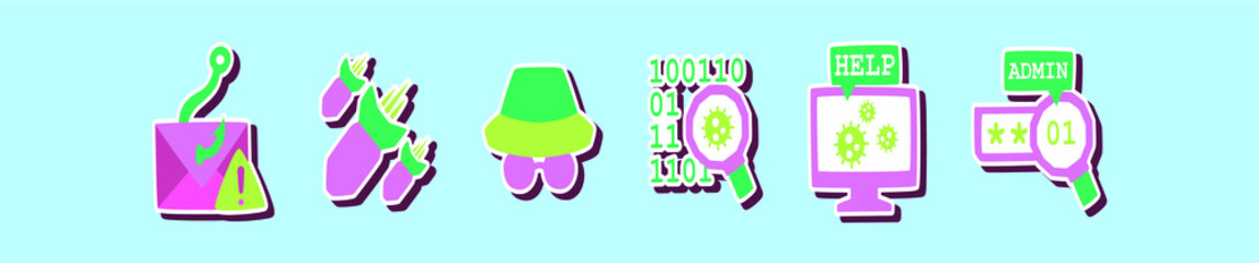 set of computer attacks element cartoon icon design template with various models. vector illustration isolated on blue background