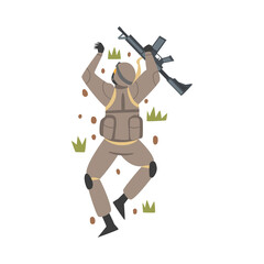 Man as Military Special Armed Force in Uniform and Rifle Bellying on the Ground Vector Illustration