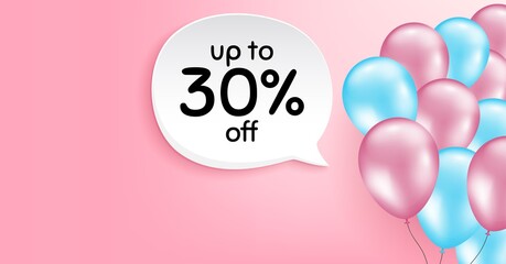 Up to 30 percent off Sale. Pink balloon vector background. Discount offer price sign. Special offer symbol. Save 30 percentages. Birthday balloon background. Discount tag speech bubble. Vector