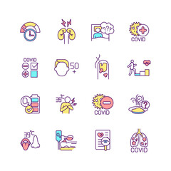 Post-covid syndrome RGB color icons set. Fatigue and muscle weakness. Sleep difficulties. Problems with concentration and memories. Anxiety and depression. Isolated vector illustrations