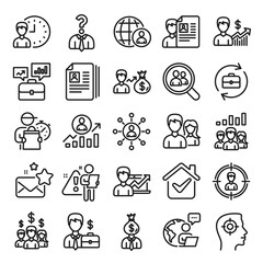 Human Resources, head hunting line icons. Business networking contract, Job Interview and Head Hunting contract icons. CV, Teamwork and Portfolio symbols. Business career, human, interview. Vector