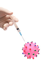 hand in rubber glove and disposable syringe with 0.5 ml medicine, coronavirus symbol isolated on white. Treatment and vaccination concept