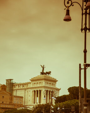 Rome, Italy, December 2018: Statue of winged victory with quadrigas on the monument dedicated to Vittorio Emanuele II in Rome