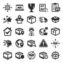 Logistics, Shipping document icons. Set of Truck Delivery, Box and Checklist icons. Parcel tracking shipping, World trade logistics. Location pin, Goods parcel insurance and document. Vector