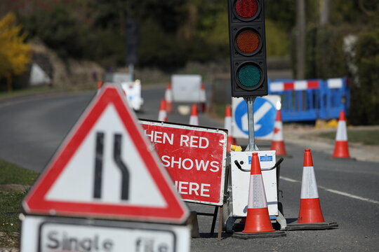 Country Lane Road Work Temporary Traffic Lights And Signs