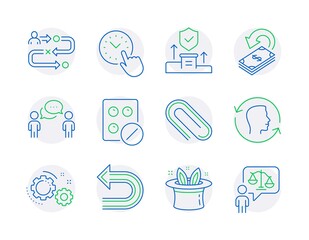 Business icons set. Included icon as Face id, Hat-trick, Undo signs. Medical tablet, Cashback, Journey path symbols. Gears, Paper clip, Time management. Security agency, Lawyer line icons. Vector