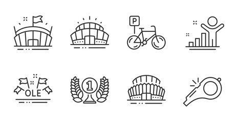 Bicycle parking, Winner and Sports stadium line icons set. Ole chant, Arena and Arena stadium signs. Laureate award, Whistle symbols. Bike park, Best result, Sport championship. Sports set. Vector