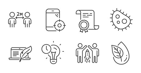 Organic product, Seo phone and Bacteria line icons set. Social distancing, Certificate and Copyright laptop signs. Partnership, Time management symbols. Quality line icons. Vector