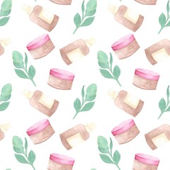 Watercolor pattern with eco cosmetics and green twigs