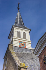 White wooden tower of the Protestant church in Sloten, Netherlands