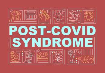 Post covid syndrome word concepts banner. Treating results of corona virus pandemia. Infographics with linear icons on red background. Isolated typography. Vector outline RGB color illustration