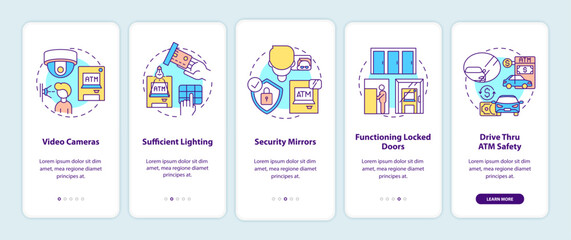 ATM safety tips onboarding mobile app page screen with concepts. Safe surroundings and surveillance cameras walkthrough 5 steps graphic instructions. UI vector template with RGB color illustrations