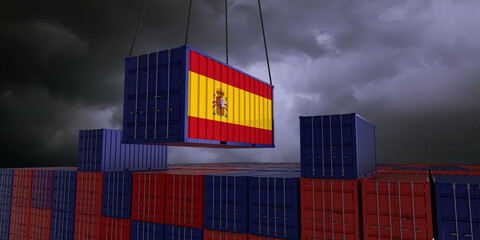 A freight container with the spanish flag hangs in front of many blue and red stacked freight containers - concept trade - import and export - 3d illustration