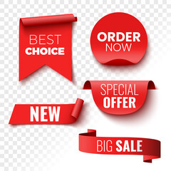 Best choice, order now, special offer, new and big sale banners. Red ribbons, tags and stickers. Vector illustration. - obrazy, fototapety, plakaty