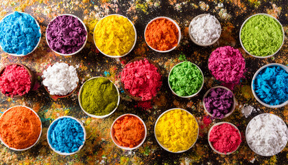 Happy Holi decoration, the indian festival.Top view of colorful holi powder on dark background.