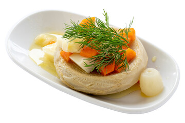 Artichoke appetizer (mezze) with olive oil isolated on a white background. Healthy vegan food. Local name zeytinyağlı enginar