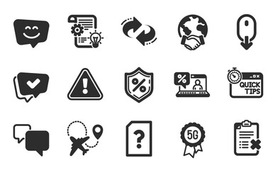 Online loan, Cogwheel and Speech bubble icons simple set. Airplane, Smile face and Global business signs. Approved, Unknown file and 5g technology symbols. Flat icons set. Vector