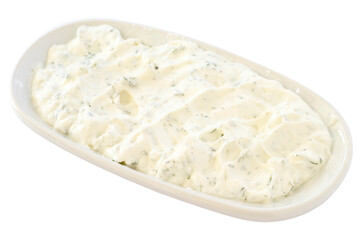 Turkish Appetizer meze Haydari with yogurt, garlic and spices. Haydari isolated on white background. Healthy vegan food