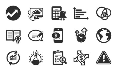 Diploma, Horizontal chart and Phone payment icons simple set. Chemistry experiment, Time management and Audit signs. Accounting report, World planet and Message symbols. Flat icons set. Vector