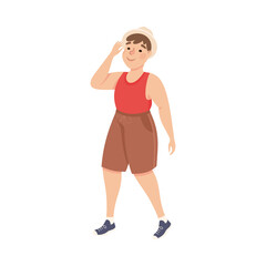 Plus Size Man Character in Shorts Walking and Smiling Vector Illustration