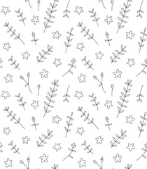 Floral vector seamless pattern with meadow wild flowers, leaves and twigs. Hand drawn illustration isolated on white background. For wrapping, fabric, wallpaper.