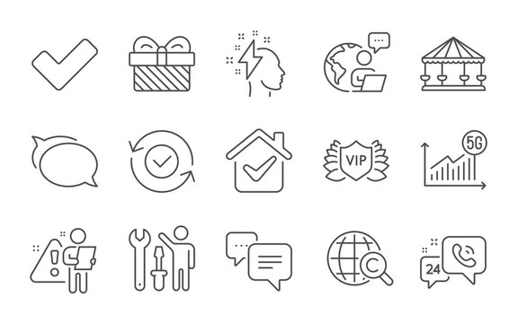 5g statistics, Talk bubble and Security confirmed line icons set. Dots message, Vip security and Repairman signs. Gift, Brainstorming and Tick symbols. Line icons set. Vector