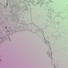 Bandar Lampung, Lampung, Indonesia (IDN) - Urban vector city map with parks, rail and roads, highways, minimalist town plan design poster, city center, downtown, transit network, street blueprint