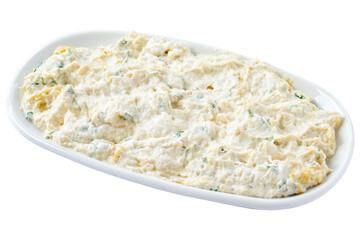Lebanese cuisine flavor Eggplant Dip Baba Ghanoush / Ganoush (Mutabbal) appetizer (mezze) isolated on white background. Healthy vegan food. Local name mütebbel mezesi