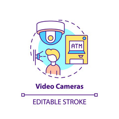 Video cameras concept icon. Monitoring safety of people idea thin line illustration. ATM surveillance. Security environmental. Vector isolated outline RGB color drawing. Editable stroke