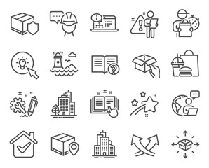 Industrial icons set. Included icon as Intersection arrows, Parcel delivery, Help signs. Online documentation, Buildings, Hold box symbols. Foreman, Technical documentation, Engineering. Vector