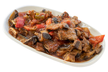 Eggplant appetizer (mezze) isolated on a white background. Saksuka tapas dish. Healthy vegan food. Local name şakşuka