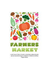 Farmer's market. Square backdrop of vegetables and plants drawn in a flat style on a white background. Blank space for your text included. Vector 10 EPS.