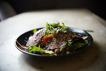 Steak Salad with Grilled Beef, rukkola, carrot and seeds