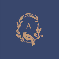 Vector illustration in simple hand drawn and linocut style - natural print, poster or logo design template - spring illustration - birds and flowers