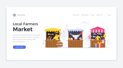Local farm markets home page banner. Characters in street stalls sell eco honey with textiles and fresh vegetables and fruits.