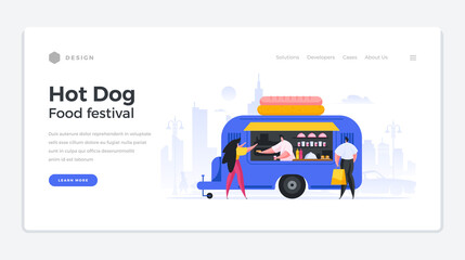 Fast food festival landing page template. Male character makes hot dogs to customers in blue van on wheels.