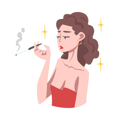Rich and Wealthy Woman Character Smoking Cigar at Half Length Vector Illustration