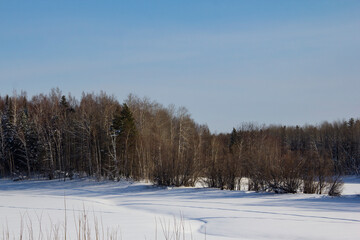 Northern winter and spring landscape. Calm and majestic landscape in the lands of the Khanty and riding deer.