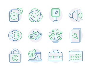 Business icons set. Included icon as Loud sound, Search files, Online chemistry signs. Money exchange, Portfolio, Leaves symbols. Fireworks stars, Parking, Project deadline. Keywords. Vector