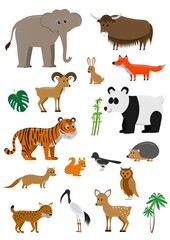 vector set of cartoon asian animals isolated on white background, illustration for kids