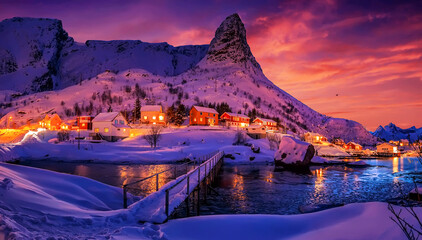 Amazing evening on Lofoten. Scenic photo of winter fishing village and colorful sky. stunning natural background. Picturesque Scenery of Reinefjord one most popular place of Lofoten islands. Norway