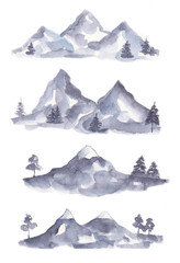 Watercolor monochrome set of mountain views. 